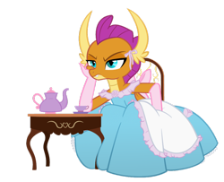 Size: 900x729 | Tagged: safe, artist:queencold, character:smolder, species:dragon, chair, claws, clothing, commission, cup, dragon wings, dragoness, dress, fangs, female, frown, gloves, gown, hilarious in hindsight, humiliation, leaning, long gloves, princess smolder, simple background, smolder also dresses in style, smolder is not amused, smoldere, solo, sulking, table, teacup, teapot, tomboy taming, transparent background, tsundere, wings