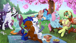 Size: 4961x2792 | Tagged: safe, artist:arctic-fox, oc, oc only, oc:andrew swiftwing, oc:aveline, oc:avon, oc:clouded wisp, oc:ghislain, oc:jewel, oc:nimble wing, oc:northern spring, species:earth pony, species:griffon, species:pegasus, species:pony, species:rabbit, species:unicorn, blurred background, book, box, bunny out of the hat, card, cherry blossoms, choker, chromatic aberration, clapping, clothing, commission, confetti, curtains, eyes closed, female, field, floppy ears, flower, flower blossom, food, fork, freckles, group, happy, hat, hood, hoodie, hug, jewelry, lying down, magic, magic circle, magic trick, magic wand, male, meat, napkin, necklace, park, picnic, picnic blanket, picnic table, piercing, pillow, plants, playing card, rearing, salad, shipping, sitting, strawberry, table, tattoo, top hat, tree, winghug