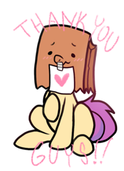 Size: 650x900 | Tagged: safe, artist:paperbagpony, oc, oc only, oc:paper bag, heart, paper bag, simple background, sitting, solo, thank you, white background
