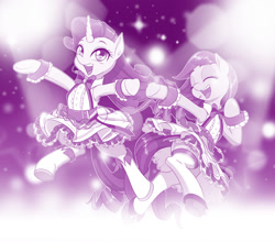 Size: 1135x1000 | Tagged: safe, artist:dstears, character:coloratura, character:rarity, species:earth pony, species:pony, species:unicorn, bipedal, clothing, crossover, cute, dancing, eyes closed, female, idol, lapis re:lights, mare, microphone, monochrome, purple, rarabetes, raribetes, singing, skirt, stockings, thigh highs