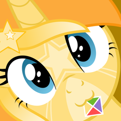 Size: 1500x1500 | Tagged: safe, artist:arifproject, oc, oc only, oc:favourite, derpibooru, derpibooru ponified, :3, close-up, cute, decal, hi anon, meme, meta, mouth hold, ponified, simple background, smiling, solo, starry eyes, wingding eyes