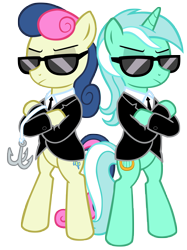 Size: 4922x6592 | Tagged: safe, artist:andoanimalia, character:bon bon, character:lyra heartstrings, character:sweetie drops, species:earth pony, species:pony, species:unicorn, my little pony chapter books, absurd resolution, bipedal, clothing, duo, duo female, female, lyra and bon bon and the mares from s.m.i.l.e., mares in black, s.m.i.l.e., simple background, sunglasses, transparent background, vector