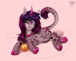 Size: 1200x960 | Tagged: safe, artist:margony, oc, oc only, species:pony, cat tail, chest fluff, commission, crystal, curved horn, digital art, ear fluff, female, horn, looking at you, mare, one eye closed, original species, signature, solo, spots, wink, yarn, yarn ball