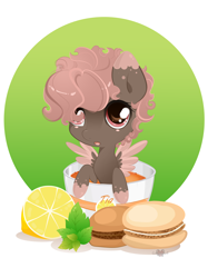 Size: 4348x5808 | Tagged: safe, artist:xsatanielx, rcf community, oc, oc only, species:pegasus, species:pony, g4, absurd resolution, chibi, cup, cup of pony, cute, female, food, lemon, macaron, micro, ocbetes, ponies in food, solo, tea