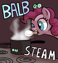 Size: 1906x2081 | Tagged: safe, artist:gsphere, character:pinkie pie, species:earth pony, species:pony, female, lightbulb, mouth hold, pot, solo, steam, stove