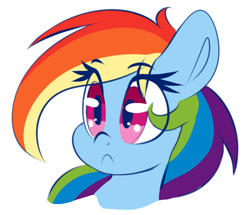 Size: 686x590 | Tagged: safe, artist:graphenescloset, character:rainbow dash, species:pegasus, species:pony, series:dash and flutters weight gain drive, :<, bust, eye clipping through hair, female, incentive drive, note expansion, portrait, simple background, solo, white background