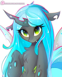 Size: 894x1118 | Tagged: safe, artist:koveliana, character:queen chrysalis, species:changeling, blushing, changeling queen, chest fluff, chromatic aberration, cute, cutealis, fangs, female, looking at you, simple background, solo, white background