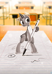 Size: 900x1273 | Tagged: safe, artist:mrs1989, species:pony, :3, bipedal, bipedal leaning, classroom, cute, desk, drawing, leaning, object pony, original species, paper, pen, ponified, school, solo