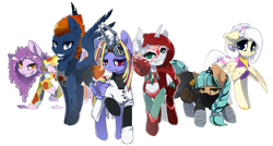 Size: 5807x3124 | Tagged: safe, artist:arctic-fox, oc, oc only, species:alicorn, species:pegasus, species:pony, species:unicorn, alicorn oc, bad guys, clothing, goggles, group, looking at you, raised hoof, simple background, teeth, transparent background