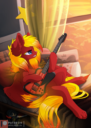 Size: 849x1200 | Tagged: safe, artist:arctic-fox, oc, oc only, oc:himitsu chan, species:pegasus, species:pony, bass guitar, bed, bedroom, female, hybrid, morning ponies, musical instrument, patreon, patreon logo, paws, pillow, solo, sunrise