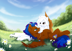 Size: 1414x1000 | Tagged: safe, artist:arctic-fox, oc, oc only, oc:ashley fox, oc:nimble wing, species:earth pony, species:pegasus, species:pony, ear fluff, eye contact, flower, grass field, hoof on head, hug, lidded eyes, looking at each other, lying down, necklace, oc x oc, on back, pendant, shipping, spread wings, winghug, wings