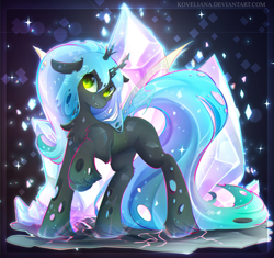 Size: 2307x2167 | Tagged: safe, artist:koveliana, character:queen chrysalis, species:changeling, species:crystal pony, species:pony, alternate hairstyle, chest fluff, crystal, crystallized, female, looking at you, mare, ponified, ponytail, smiling, solo, species swap