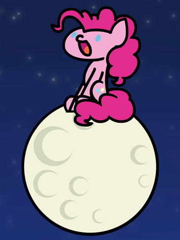 Size: 365x487 | Tagged: safe, artist:flutterluv, character:pinkie pie, character:surprise, species:earth pony, species:pony, series:flutterluv's full moon, :d, animated, blood moon, eclipse, female, full moon, happy, lunar eclipse, mare, moon, night, open mouth, sitting, smiling, solo, stars, tangible heavenly object, wat