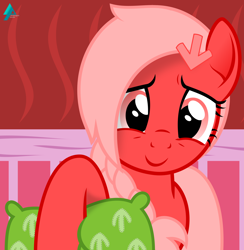 Size: 1800x1843 | Tagged: safe, artist:arifproject, oc, oc only, oc:downvote, derpibooru, derpibooru ponified, cute, meta, pillow, ponified, simple background, smiling, solo