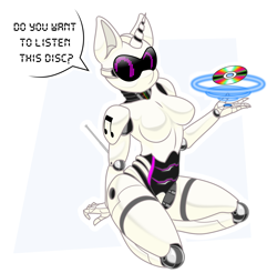 Size: 1600x1577 | Tagged: safe, artist:up1ter, character:dj pon-3, character:vinyl scratch, species:anthro, android, cd, female, robot, roboticization, solo, text, vinylbot 1.0
