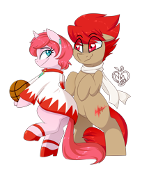 Size: 1280x1493 | Tagged: safe, artist:notenoughapples, oc, oc only, oc:blitz drive, oc:diamond stellar, species:earth pony, species:pony, species:unicorn, basketball, bipedal, bump, clothing, commission, drivellar, duo, ear piercing, earring, female, final fantasy, heart, hoodie, jewelry, male, mare, oc x oc, piercing, scarf, shipping, simple background, sports, stallion, straight, transparent background, white mage, wingding eyes