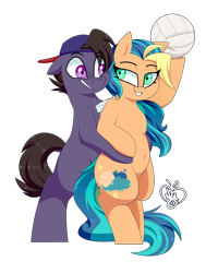 Size: 1280x1600 | Tagged: safe, artist:notenoughapples, oc, oc only, oc:break spin, oc:playa "spikeball" azul, species:pony, backwards ballcap, baseball cap, belly button, bipedal, cap, clothing, commission, duo, female, hat, male, mare, oc x oc, ponytail, shipping, simple background, spikespin, sports, stallion, straight, transparent background, volleyball