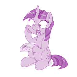 Size: 800x800 | Tagged: safe, artist:dstears, character:twilight sparkle, character:twilight sparkle (unicorn), species:pony, species:unicorn, newbie artist training grounds, despair, female, filly, filly twilight sparkle, grades, heartbreak, mare, monochrome, purple, sad, simple background, solo, white background, xk-class end-of-the-world scenario, younger