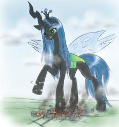 Size: 850x910 | Tagged: safe, artist:alloyrabbit, character:queen chrysalis, species:changeling, attack on changeling, attack on pony, attack on titan, changeling queen, city, crushing, female, fire, giant (queen) chrysalis, macro, plane, solo