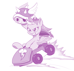 Size: 1000x969 | Tagged: safe, artist:dstears, character:rainbow dash, species:pegasus, species:pony, newbie artist training grounds, blue shell, crossover, female, go kart, grin, mare, mario kart, monochrome, purple, simple background, smiling, solo, this will end in explosions, white background