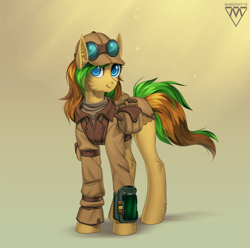 Size: 1212x1200 | Tagged: safe, artist:margony, oc, oc only, oc:bitwise, species:earth pony, species:pony, fallout equestria, cap, clothing, commission, female, foe adventures, goggles, hat, pipbuck, pnp character, roving trader outfit, saddle bag, simple background, smiling, solo