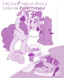 Size: 982x1200 | Tagged: safe, artist:dstears, character:pinkie pie, character:twilight sparkle, character:twilight sparkle (alicorn), species:alicorn, species:earth pony, species:pony, canada, cellphone, clothing, coffee cup, cup, dialogue, duo, female, hat, hoof hold, lying down, maple leaf, maple syrup, mare, monochrome, one eye closed, open mouth, phone, pillow, smiling, telephone