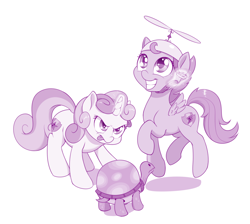 Size: 1000x897 | Tagged: safe, artist:dstears, character:scootaloo, character:sweetie belle, character:tank, species:pegasus, species:pony, species:unicorn, accessory theft, clothing, female, filly, glowing horn, hat, magic, male, mlem, monochrome, propeller hat, purple, silly, simple background, telekinesis, tongue out, white background
