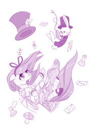Size: 900x1264 | Tagged: safe, artist:dstears, character:angel bunny, character:fluttershy, species:pony, species:rabbit, newbie artist training grounds, alice in wonderland, atg 2018, clothing, crossover, falling, female, hat, male, mare, monochrome, pocket watch, purple, simple background, top hat, white background, white rabbit