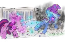 Size: 850x543 | Tagged: safe, artist:alloyrabbit, character:trixie, character:twilight sparkle, species:pony, species:unicorn, attack on pony, attack on titan, building, city, destruction, duo, duo female, female, fight, floppy ears, macro, magic, mare