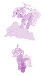Size: 800x1380 | Tagged: safe, artist:dstears, character:trixie, species:pony, species:unicorn, newbie artist training grounds, atg 2018, cute, diatrixes, exclamation point, female, hiding, mare, monochrome, plant, purple, simple background, smoke bomb, solo, white background