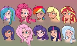 Size: 2969x1800 | Tagged: safe, artist:scorpdk, character:applejack, character:fluttershy, character:pinkie pie, character:princess celestia, character:princess luna, character:rainbow dash, character:rarity, character:sunset shimmer, character:trixie, character:twilight sparkle, species:human, bare shoulder portrait, bare shoulders, blushing, bust, eyes on the prize, female, freckles, gradient background, grin, humanized, implied nudity, lip bite, looking at something, mane six, open mouth, portrait, s1 luna, shoulder freckles, simple background, smiling, sweat, varying degrees of want, wide eyes