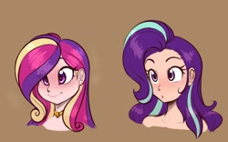 Size: 2056x1280 | Tagged: safe, artist:scorpdk, character:princess cadance, character:starlight glimmer, species:human, :o, blushing, brown background, bust, choker, eyes on the prize, female, humanized, lip bite, looking at something, open mouth, puffy cheeks, simple background, smiling, sweat, wide eyes