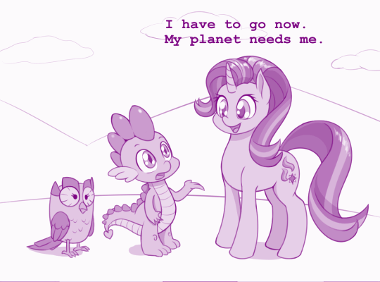 Size: 540x400 | Tagged: safe, artist:dstears, character:owlowiscious, character:spike, character:starlight glimmer, species:dragon, species:owl, species:pony, species:unicorn, newbie artist training grounds, animated, atg 2018, female, good end, i must go, male, mare, monochrome, poochie, purple, simpsons did it, the simpsons