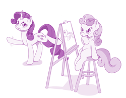 Size: 1000x777 | Tagged: safe, artist:dstears, character:rarity, character:sweetie belle, species:pony, species:unicorn, newbie artist training grounds, drawing, female, filly, mare, pencil, pose, sweat, sweatdrop, thinking