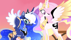 Size: 1276x716 | Tagged: safe, artist:sugaryicecreammlp, character:princess celestia, character:princess luna, species:alicorn, species:pony, episode:a royal problem, g4, my little pony: friendship is magic, alternate design, alternate universe, chest fluff, colored wings, colored wingtips, duo, ethereal mane, female, galaxy mane, mare, royal sisters, sisters, swapped cutie marks