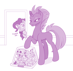 Size: 900x867 | Tagged: safe, artist:dstears, character:fizzlepop berrytwist, character:pinkie pie, character:pound cake, character:pumpkin cake, character:tempest shadow, species:earth pony, species:pegasus, species:pony, species:unicorn, g4, broken horn, cage, cake twins, dialogue, eye scar, female, foal, laundry basket, mare, monochrome, pure unfiltered evil, scar, simple background, white background
