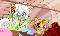 Size: 1147x692 | Tagged: safe, artist:moronsonofboron, oc, oc only, oc:dulce deleche, oc:sunny nebels, species:earth pony, species:pony, duo, flower, flower in hair, licking, smiling, tongue out, window, window licking
