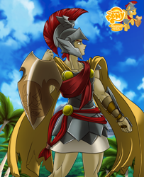 Size: 1543x1900 | Tagged: safe, artist:mauroz, character:flash magnus, species:human, armor, cape, clothing, helmet, humanized, male, netitus, shield, solo