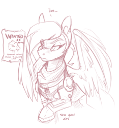 Size: 2062x2200 | Tagged: safe, artist:bluntwhiskey, oc, oc only, oc:bracer, species:pegasus, species:pony, emw:mmmm, armor, bounty, bounty hunter, commission, female, leather armor, pegasus oc, sketch, solo, spread wings, thinking, traditional art, wanted poster, wings