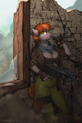 Size: 900x1350 | Tagged: safe, artist:margony, oc, oc only, oc:aurous affect, species:anthro, species:earth pony, species:pony, anthro oc, bandaid, brick wall, broken glass, clothing, commission, digital art, dust, female, fingerless gloves, gloves, grenade, gun, jacket, mare, mp5k, pants, signature, solo, taking cover, uniform, weapon, window, ych result