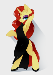 Size: 2121x3000 | Tagged: safe, artist:arctic-fox, oc, oc only, oc:vibrata songbird, species:pony, species:unicorn, armpits, bedroom eyes, bipedal, black dress, clothing, dress, female, hair over one eye, high heels, mare, shoes, side slit, simple background, solo, white background