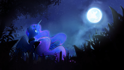 Size: 7680x4320 | Tagged: safe, artist:darkflame75, character:princess luna, species:alicorn, species:pony, beautiful, cute, ethereal mane, female, full moon, galaxy mane, grass, looking up, mare, moon, night, scenery, solo, spread wings, the moon rises, wallpaper, wings