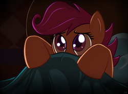 Size: 1000x734 | Tagged: safe, artist:gsphere, character:scootaloo, species:pegasus, species:pony, bed, blanket, covers, female, scared, solo