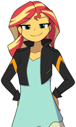 Size: 1159x1920 | Tagged: safe, artist:furrgroup, character:sunset shimmer, my little pony:equestria girls, clothing, female, jacket, looking at you, simple background, smiling, smugset shimmer, solo, white background
