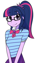Size: 992x1800 | Tagged: safe, artist:furrgroup, character:twilight sparkle, character:twilight sparkle (scitwi), species:eqg human, g4, my little pony: equestria girls, my little pony:equestria girls, bow, bow tie, clothing, cute, female, geode of telekinesis, glasses, looking at you, magical geodes, ponytail, shirt, simple background, skirt, smiling, solo, twiabetes, white background