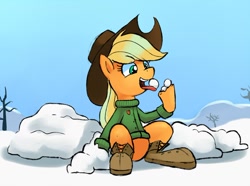 Size: 900x669 | Tagged: safe, artist:gsphere, character:applejack, species:pony, boots, clothing, hoof boots, silly, silly pony, snow, snowball, sweater, who's a silly pony