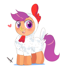 Size: 2500x2800 | Tagged: safe, artist:mrscurlystyles, character:scootaloo, species:pegasus, species:pony, animal costume, blushing, chicken suit, clothing, costume, covered wings, cute, cutealoo, female, filly, happy, heart, looking at you, open mouth, scootachicken, signature, simple background, smiling, solo, white background