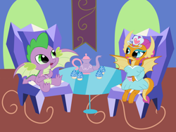 Size: 4000x3000 | Tagged: safe, artist:rainbowtashie, character:smolder, character:spike, species:dragon, ship:spolder, episode:what lies beneath, g4, my little pony: friendship is magic, clothing, cup, cupcake, dragoness, dress, female, food, gem, jewelry, male, princess smolder, shipping, straight, table, tea party, teacup, tiara, winged spike