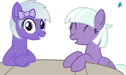 Size: 2500x1489 | Tagged: safe, artist:arifproject, character:appointed rounds, oc, oc:comment, derpibooru, derpibooru ponified, duo, grin, looking at you, meta, ponified, simple background, smiling, table, transparent background, vector