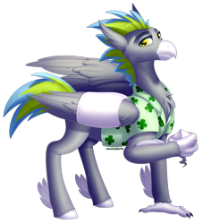 Size: 2466x2712 | Tagged: safe, artist:meowcephei, oc, oc only, oc:malus fortuna, species:classical hippogriff, species:hippogriff, bandage, bandaged wing, broken wing, clothing, commission, injured, male, simple background, solo, transparent background